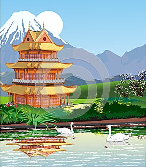 Landscapes - Japanese pagoda at mount Fuji.
