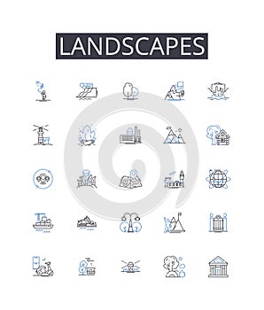 Landscapes line icons collection. Mountainscapes, Waterscapes, Skyscapes, Cityscapes, Seascapes, Forestscapes