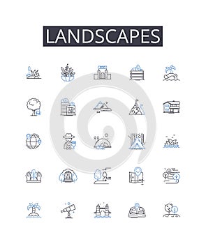 Landscapes line icons collection. Mountainscapes, Waterscapes, Skyscapes, Cityscapes, Seascapes, Forestscapes