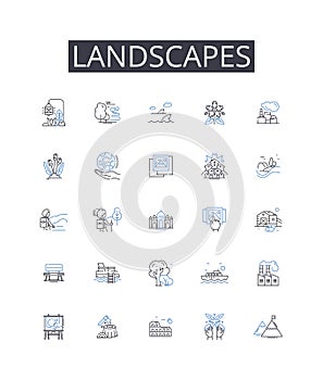 Landscapes line icons collection. Mountainscapes, Waterscapes, Skyscapes, Cityscapes, Seascapes, Forestscapes