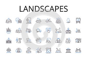 Landscapes line icons collection. Mountainscapes, Waterscapes, Skyscapes, Cityscapes, Seascapes, Forestscapes