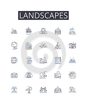 Landscapes line icons collection. Mountainscapes, Waterscapes, Skyscapes, Cityscapes, Seascapes, Forestscapes photo