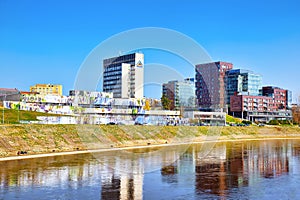 Landscapes of modern part of Vilnius and Vilna River.