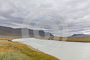 Landscapes of Mongolia, River, mountains and beautiful summer sky