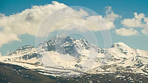 Landscapes and Mountains of Armenia. Clouds move over the Snowy Peaks of the Mountains in Armenia. Time lapse