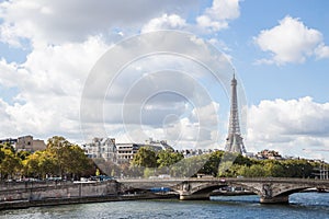 Landscapes of Paris: view of la Seine and Eiffel tower in afternoon sun