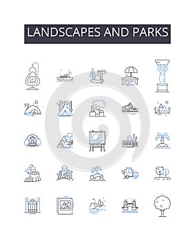 Landscapes and parks line icons collection. Leadership, Communication, Coordination, Mentorship, Accountability, Support