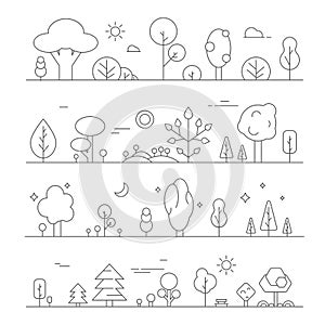 Landscapes with plants. Vector mono line pictures of hills and trees