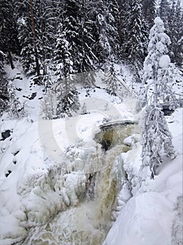 Landscapes of Russia - a river with a waterfall in winter