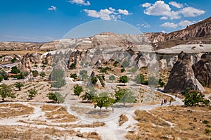 Landscapes from the structure of Cappadocia. Impressive fairy chimneys of sandstone in the canyon near Cavusin village.