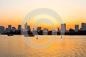 Landscapes of sunset and two boats at sumida river sunset viewpoint ,tokyo