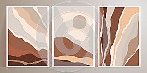 Landscapes wall art vector set. Mountain earth tones backgrounds with moon, sun. Minimal design and natural terracotta