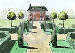 Landscaping. Drawing house garden cottage. The view from the top.