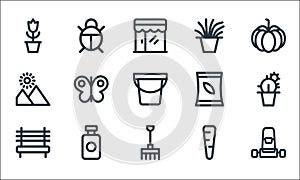 Landscaping equipment line icons. linear set. quality vector line set such as lawn mower, rake, bench, carrot, insecticide,
