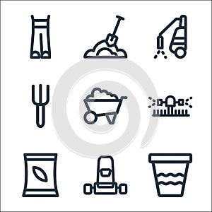 landscaping equipment line icons. linear set. quality vector line set such as pot, lawn mower, tree seed, sprinkler, wheelbarrow,