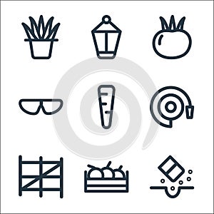 Landscaping equipment line icons. linear set. quality vector line set such as seeding, fruit, fence, water pipe, carrot, googles,