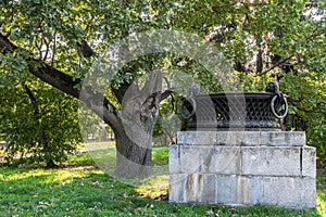 Decorative garden vase in the yard of Moscow State University, Russia.