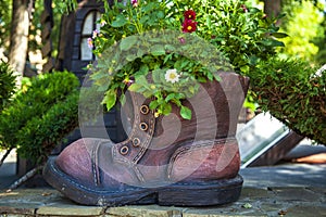 Landscaping of the garden. Decorative shoe-shaped flower stand