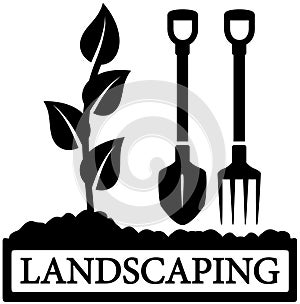 Landscaping icon with sprout and gardening tools