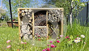 Landscaping ideas in the garden. A house for beetles and insects to protect the garden from pests. Ideas for entertaining and