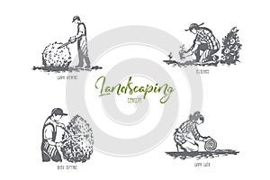 Landscaping- lawn mowing, seedlings, lawn lash, bush cutting vector concept set