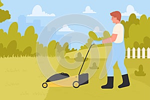 Landscaping maintenance service, man walking with lawnmower to cut and care grass of lawn