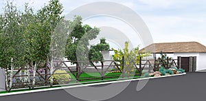 Landscaping rustic style garden, 3D render