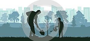 Landscaping of territory, man and child planting tree in city park, silhouette. Vector illustration