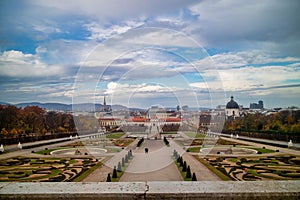 Landscaping view to Unteres Belvedere and regular parterre in Vienna.