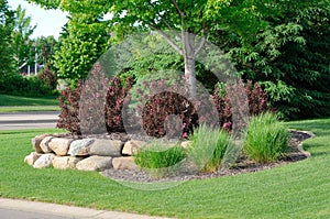 Landscaping with Weigela Shrubs and Rock Retaining Wall photo