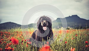 Landseer dog pure breed in poppy field flower