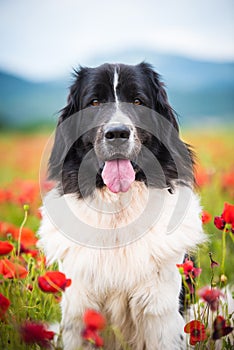 Landseer dog pure breed in poppy field flower