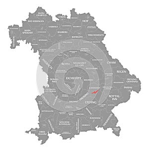 Landshut city red highlighted in map of Bavaria Germany