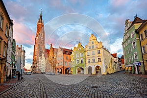 Landshut Old Town, Bavaria, Germany, traditional colorful gothic style medieval houses