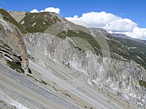 Landslide area, eroded rocks - way to Tilicho base camp, Nepal