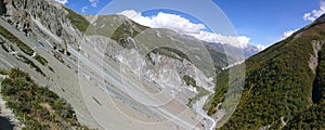 Landslide area panorama, eroded rocks - way to Tilicho base camp, Nepal
