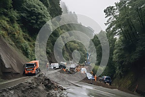 landslide blocking a road, with rescue vehicles on standby