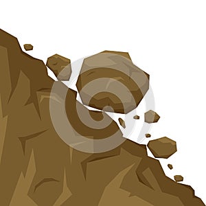 Landslide isolated on white background, stones fall from the rock. Boulders rolling down a hill. Rockfall photo