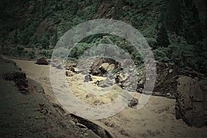 Landslide into river Bhagirathi in Himalayan Mountains, Uttarakhand, India photo