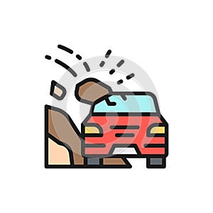 Landslides, accident on highway, stones collapsed on car flat color line icon.