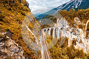 Landwasser Viaduct in autumn, Switzerland. Scenic view of railway in mountains