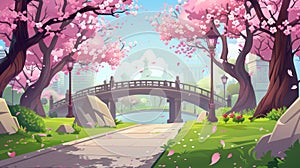 The lane of a city park is lit by a bridge under blossoming sakura trees. Cartoon modern illustration of a cherry