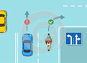 Lane direction road sign meaning. Correct and incorrect movement in lane. Left-turn lane and go through or turn right lane.