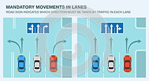 Lane direction road sign meaning. Mandatory movements in lanes infographic.