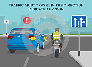 Lane direction road sign meaning. Mandatory movements in lanes rule. Traffic must travel in the direction indicated by sign.