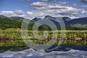 Langdale Pikes reflected in river