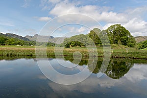 Langdale Pikes reflected in River Brathay