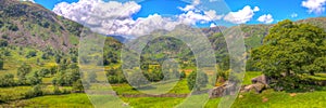 Langdale Valley Lake District Cumbria with mountains colourful hdr panoramic view