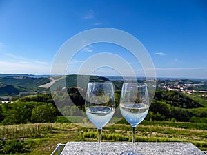 Langhe - Couple drinking a glass of white wine with scenic view of the vineyard during summer in Piemonte