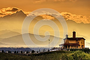 Langhe - Partisan shrine and Monviso at sunset.